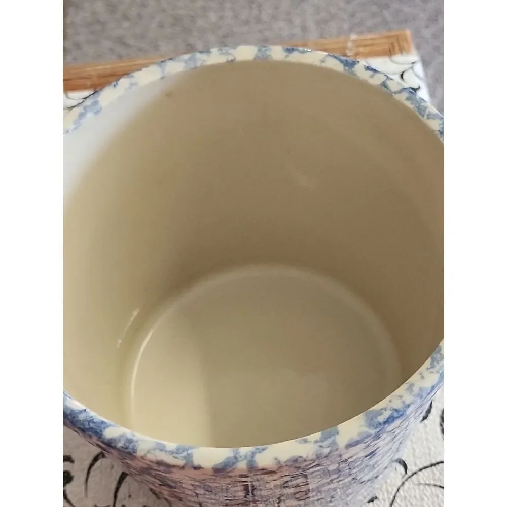 Blue and White Spongeware Canister with Wooden Lid